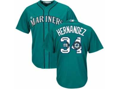 Men's Majestic Seattle Mariners #34 Felix Hernandez Authentic Teal Green Team Logo Fashion Cool Base MLB Jersey
