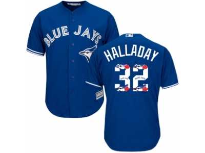 Men's Majestic Toronto Blue Jays #32 Roy Halladay Authentic Blue Team Logo Fashion MLB Jersey