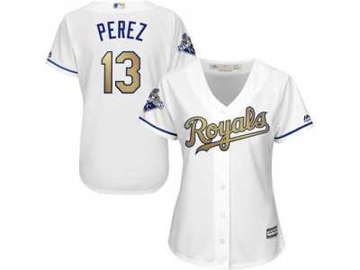 Women Kansas City Royals #13 Salvador Perez White 2015 World Series Champions Gold Program Cool Base Stitched MLB Jersey