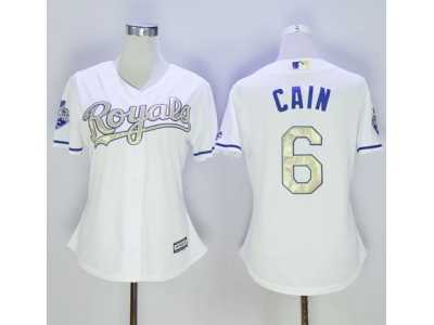Women Kansas City Royals #6 Lorenzo Cain White 2015 World Series Champions Gold Program Cool Base Stitched Baseball Jersey