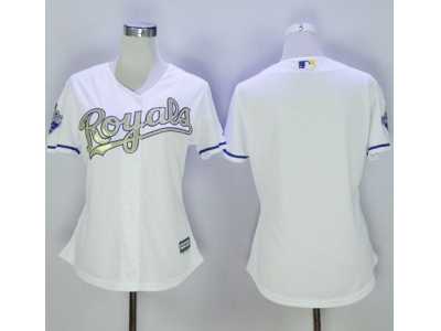 Women Kansas City Royals Blank White 2015 World Series Champions Gold Program Cool Base Stitched Baseball Jersey