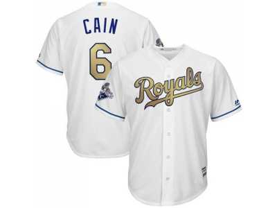 Youth Kansas City Royals #6 Lorenzo Cain White 2015 World Series Champions Gold Program Cool Base Stitched MLB Jersey
