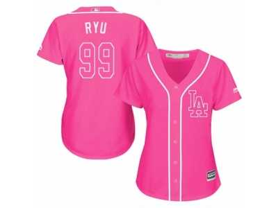 Women's Majestic Los Angeles Dodgers #99 Hyun-Jin Ryu Replica Pink Fashion Cool Base MLB Jersey