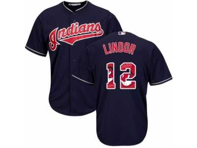 Men's Majestic Cleveland Indians #12 Francisco Lindor Authentic Navy Blue Team Logo Fashion Cool Base MLB Jersey