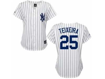 Women's Majestic New York Yankees #25 Mark Teixeira Replica White Black Strip MLB Jersey