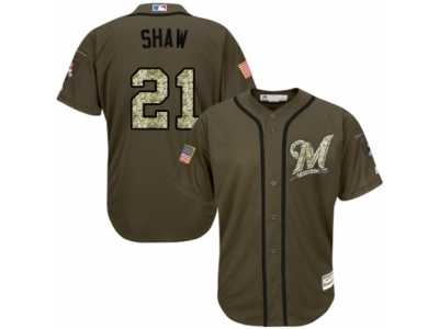 Men's Majestic Milwaukee Brewers #21 Travis Shaw Replica Green Salute to Service MLB Jersey