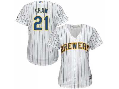 Women's Milwaukee Brewers #21 Travis Shaw White Strip Home Stitched MLB Jersey