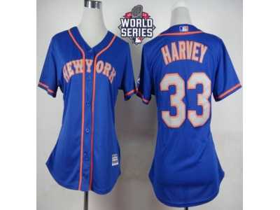 Women New York Mets #33 Matt Harvey Blue(Grey NO.) Alternate Road W 2015 World Series Patch Stitched MLB Jersey