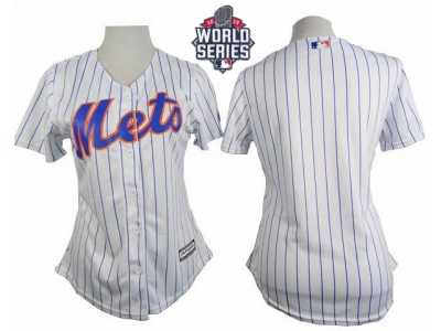 Women New York Mets Blank White(Blue Strip) W 2015 World Series Patch Home Stitched MLB Jersey