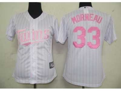 MLB Women Jerseys Minnesota Twins #33 Morneau White[Pink strip]