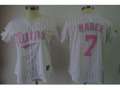 MLB Women Jerseys Minnesota Twins #7 Mauer White[pink strip]
