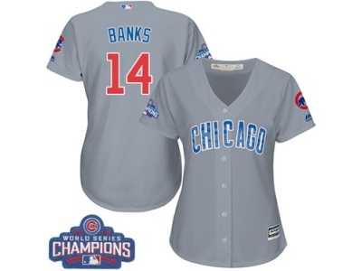Women's Majestic Chicago Cubs #14 Ernie Banks Authentic Grey Road 2016 World Series Champions Cool Base MLB Jersey