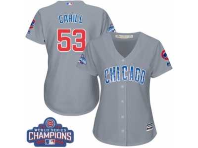 Women's Majestic Chicago Cubs #53 Trevor Cahill Authentic Grey Road 2016 World Series Champions Cool Base MLB Jersey