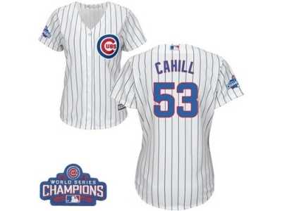 Women's Majestic Chicago Cubs #53 Trevor Cahill Authentic White Home 2016 World Series Champions Cool Base MLB Jersey