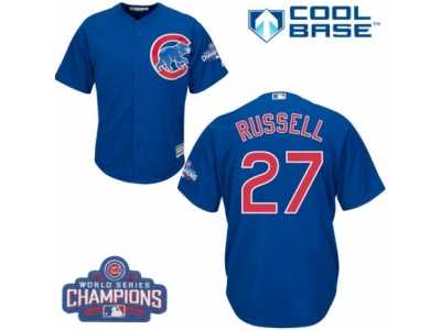 Youth Majestic Chicago Cubs #27 Addison Russell Authentic Royal Blue Alternate 2016 World Series Champions Cool Base MLB Jersey