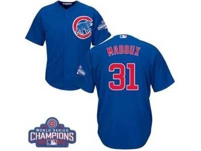 Youth Majestic Chicago Cubs #31 Greg Maddux Authentic Royal Blue Alternate 2016 World Series Champions Cool Base MLB Jersey