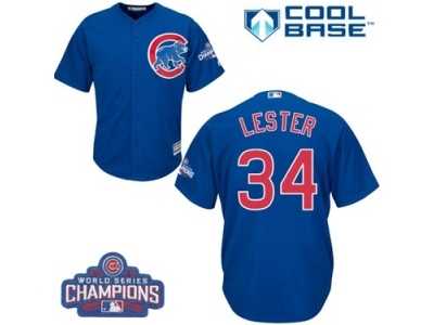 Youth Majestic Chicago Cubs #34 Jon Lester Authentic Royal Blue Alternate 2016 World Series Champions Cool Base MLB Jersey