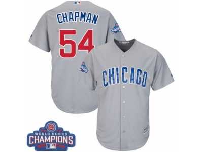 Youth Majestic Chicago Cubs #54 Aroldis Chapman Authentic Grey Road 2016 World Series Champions Cool Base MLB Jersey