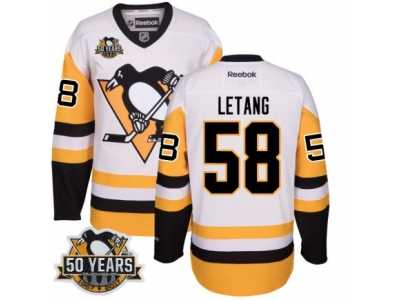 Youth Reebok Pittsburgh Penguins #58 Kris Letang Authentic White Away 50th Anniversary Patch NHL Jersey