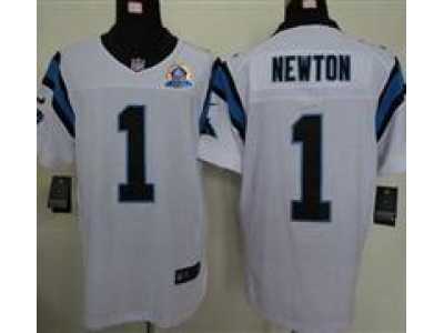 Nike Panthers #1 Cam Newton White With Hall of Fame 50th Patch NFL Elite Jersey