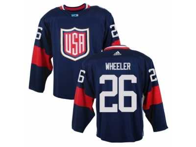 Men Adidas Team USA #28 Blake Wheeler Navy Blue Away 2016 World Cup Ice Hockey Jersey