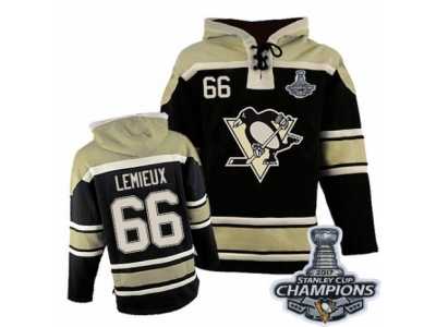 Men's Old Time Hockey Pittsburgh Penguins #66 Mario Lemieux Premier Black Sawyer Hooded Sweatshirt 2017 Stanley Cup Champions