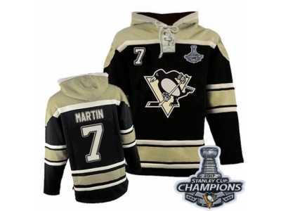 Men's Old Time Hockey Pittsburgh Penguins #7 Paul Martin Premier Black Sawyer Hooded Sweatshirt 2017 Stanley Cup Champions