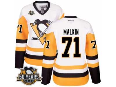 Women's Reebok Pittsburgh Penguins #71 Evgeni Malkin Authentic White Away 50th Anniversary Patch NHL Jersey