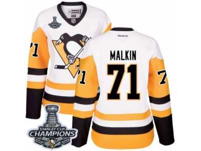 Women's Reebok Pittsburgh Penguins #71 Evgeni Malkin Premier White Away 2017 Stanley Cup Champions NHL Jersey