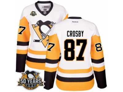 Women's Reebok Pittsburgh Penguins #87 Sidney Crosby Authentic White Away 50th Anniversary Patch NHL Jersey