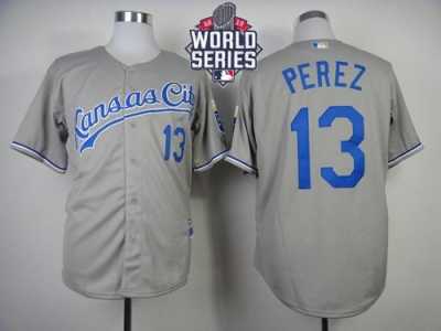 Kansas City Royals #13 Salvador Perez Grey Cool Base W 2015 World Series Patch Stitched MLB Jersey