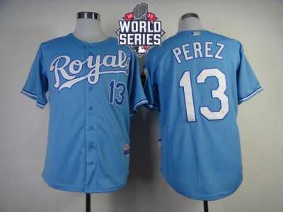 Kansas City Royals #13 Salvador Perez Light Blue Cool Base W 2015 World Series Patch Stitched MLB Jersey