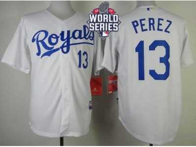 Kansas City Royals #13 Salvador Perez White Cool Base W 2015 World Series Patch Stitched MLB Jersey