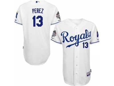 Men's Kansas City Royals #13 Salvador Perez White Cool Base 2015 World Series Champions Patch MLB Jersey