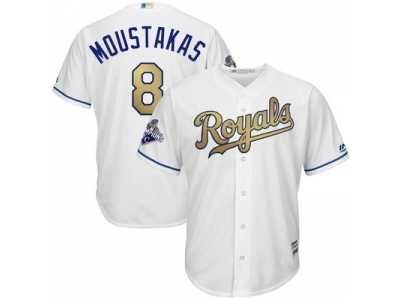 Men's Kansas City Royals #8 Mike Moustakas White World Series Champions Gold Program Cool Base MLB Jersey