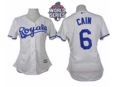Women Kansas City Royals #6 Lorenzo Cain White Home W 2015 World Series Patch Stitched MLB Jersey