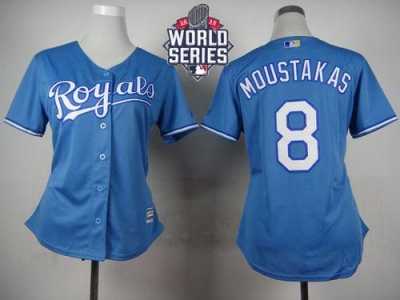 Women Kansas City Royals #8 Mike Moustakas Light Blue Alternate 1 W 2015 World Series Patch Stitched MLB Jersey