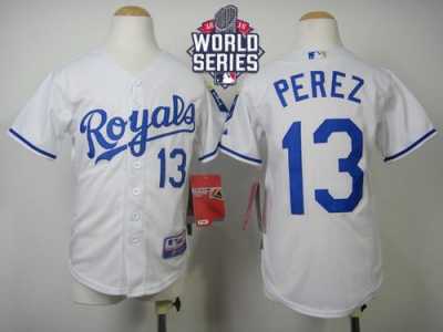 Youth Kansas City Royals #13 Salvador Perez White Cool Base W 2015 World Series Patch Stitched MLB Jersey