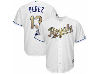 Youth Kansas City Royals #13 Salvador Perez White Gold Program Cool Base 2015 World Series Champions MLB Jersey