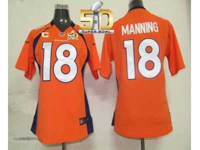 Women Nike Broncos #18 Peyton Manning Orange Team Color With C Patch Super Bowl 50 Stitched Jersey