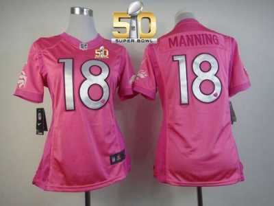 Women Nike Broncos #18 Peyton Manning Pink Super Bowl 50 Be Luv'd Stitched Jersey