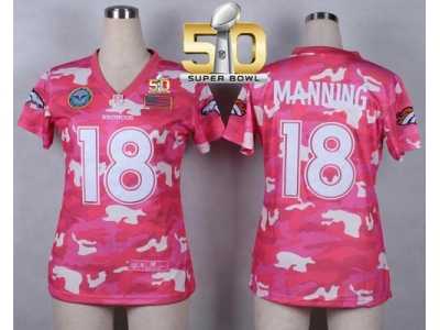 Women Nike Broncos #18 Peyton Manning Pink Super Bowl 50 Camo Fashion Jersey