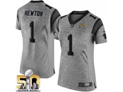 Women Nike Carolina Panthers #1 Cam Newton Gray Super Bowl 50 Stitched NFL Gridiron Gray Jersey