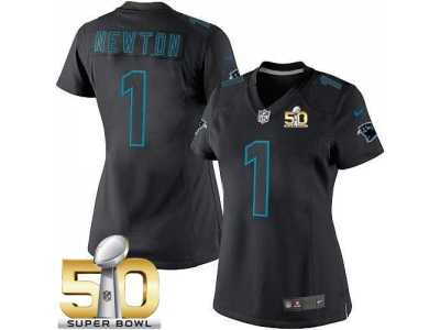 Women Nike Panthers #1 Cam Newton Black Impact Super Bowl 50 Stitched Jersey