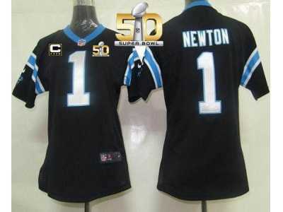 Women Nike Panthers #1 Cam Newton Black Team Color With C Patch Super Bowl 50 Stitched Jersey