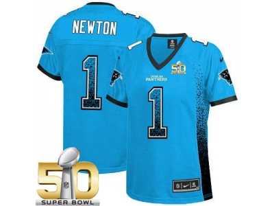 Women Nike Panthers #1 Cam Newton Blue Alternate Super Bowl 50 Stitched Drift Fashion Jersey