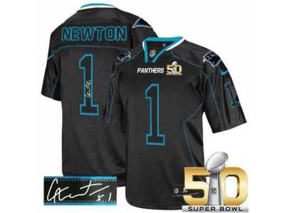 Nike Carolina Panthers #1 Cam Newton Lights Out Black Super Bowl 50 Men's Stitched NFL Elite Autographed Jersey