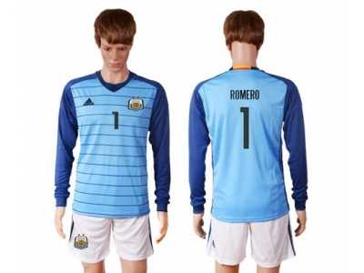 Argentina #1 Romero Blue Goalkeeper Long Sleeves Soccer Country Jersey