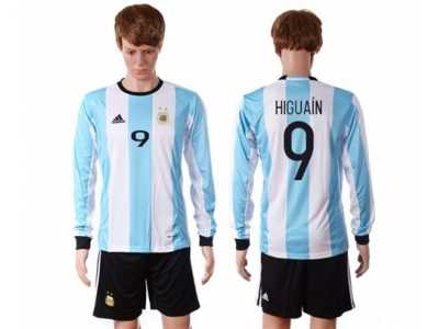 Argentina #9 Higua��n Home Long Sleeves Soccer Country Jersey