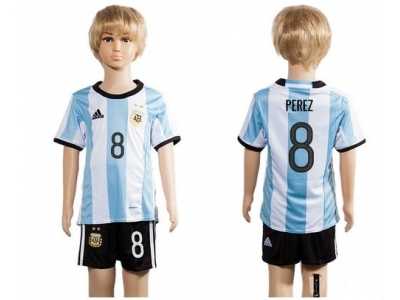 Argentina #8 Perez Home Kid Soccer Country Jersey